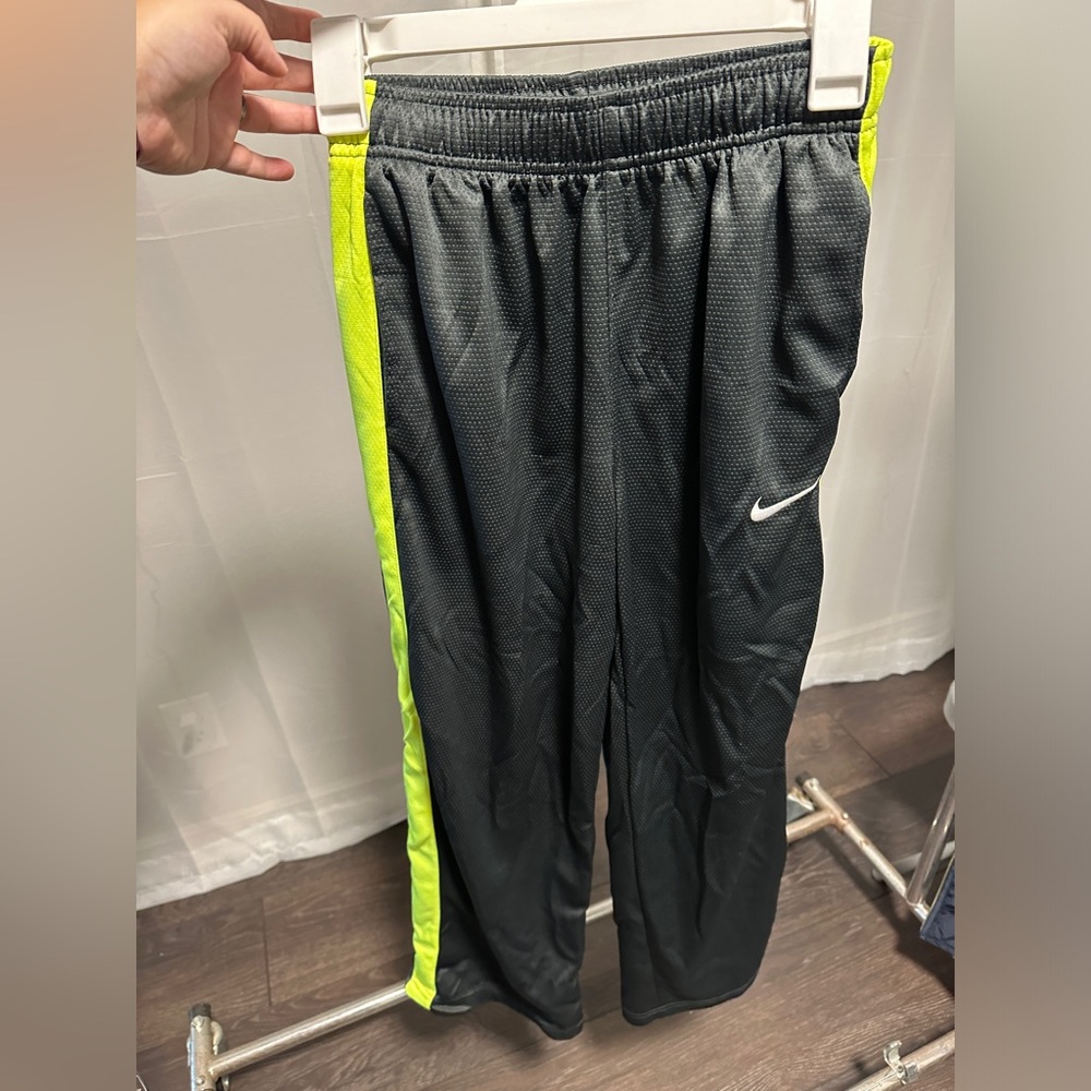 NIKE Boys XL Track Warmup Pants Black and Bright Green Lightweight Mesh